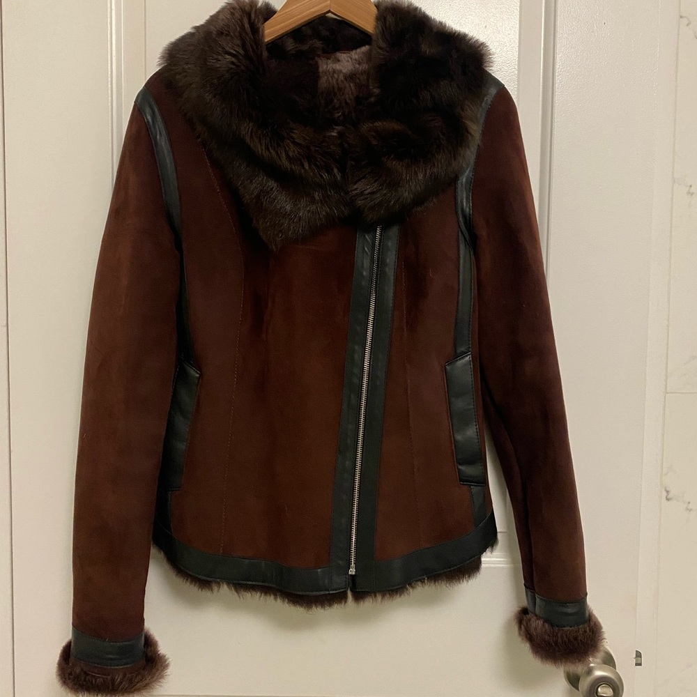Overland sheepskin bomber jacket with leather trim